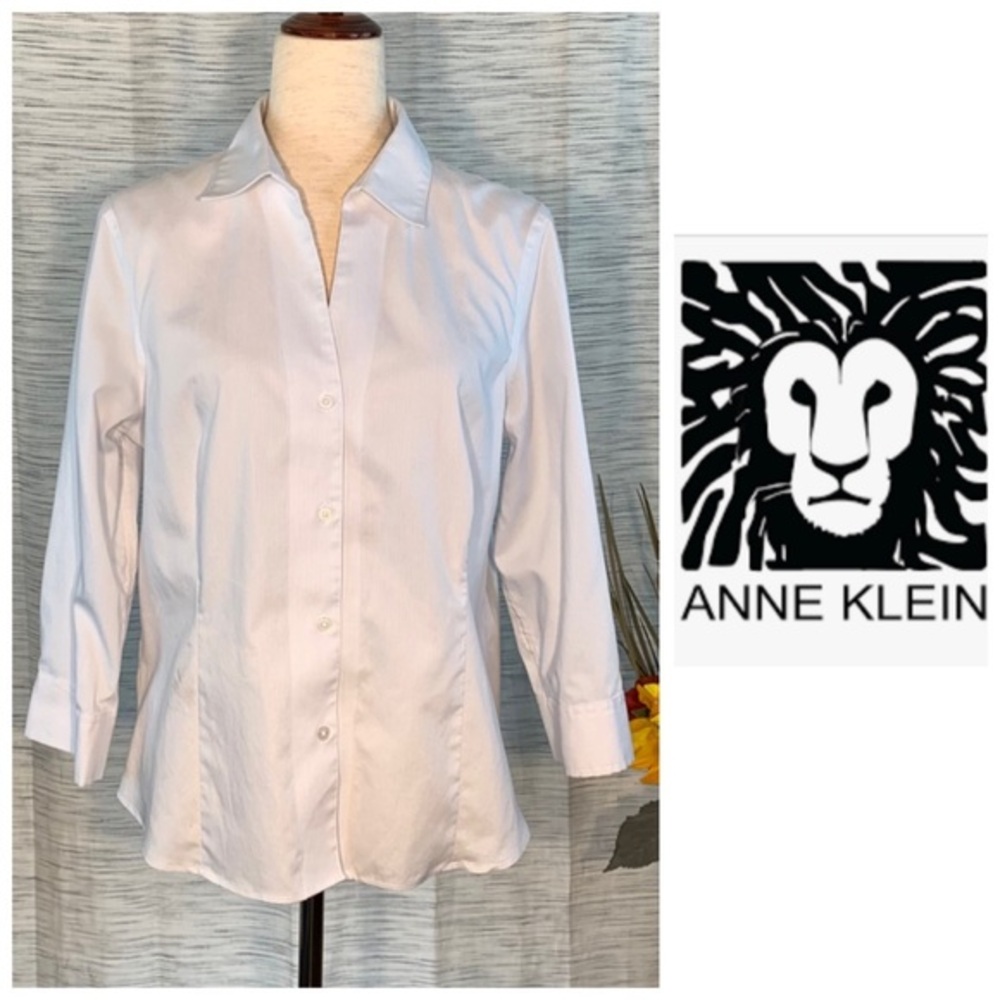 Anne Klein white with light blue pinstripes long sleeve dress shirt.